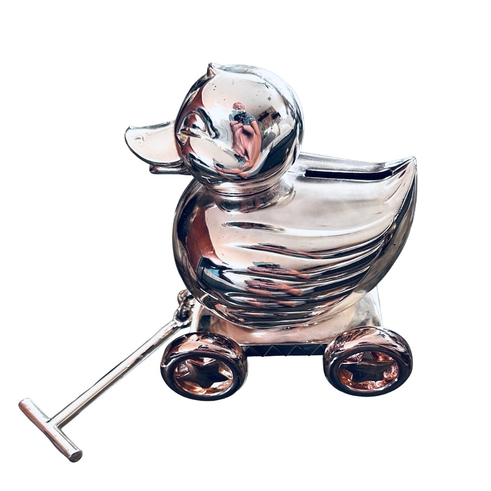 REED & BARTON Silver Plated Rubber Something Duckie Coin Bank Pull Toy Nursery